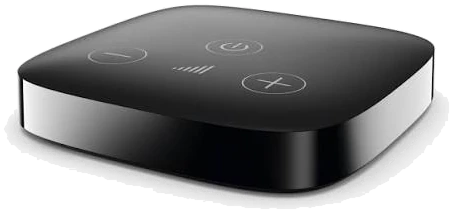 Transmissor TV Connector, uma pequena base preta com os botões de volume no topo
