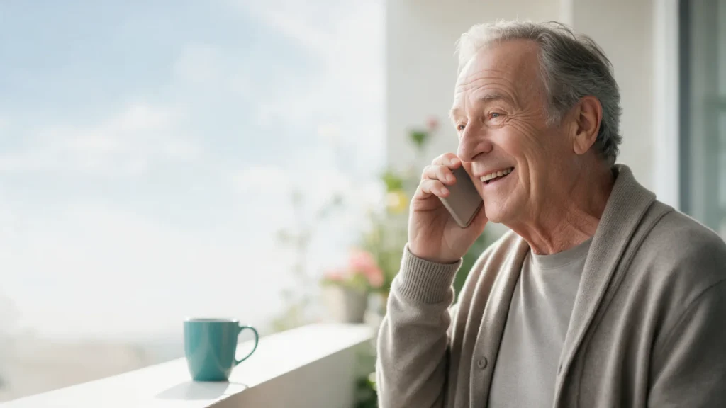 Um senhor fala ao telefone na varanda, sorrindo
